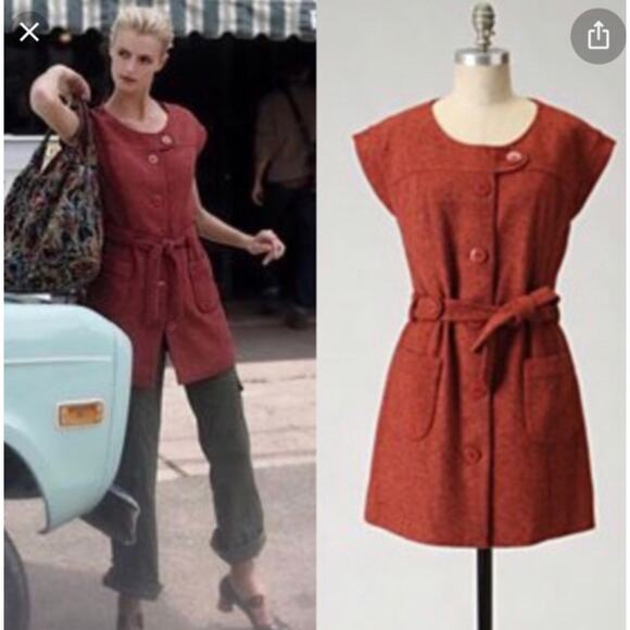 Anthropologie Tabitha Blustery Days Vest Size 6 Rust Orange Tweed Belted Jacket - Picture 15 of 15